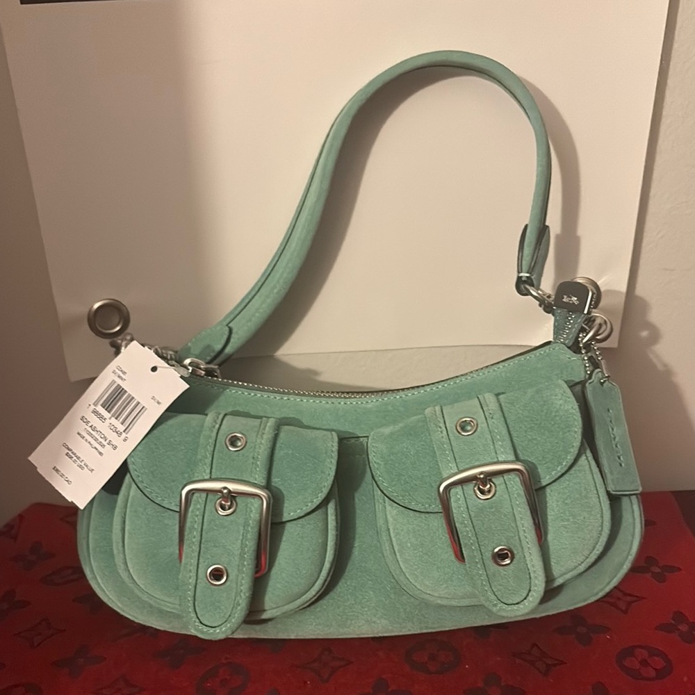 Coach Mint Green Suede Shoulder Bag with Double Buckle Pockets